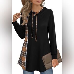 Messic Women’s Funnel Neck Check Contrast Pullover Hoodie With Pockets Sz Medium